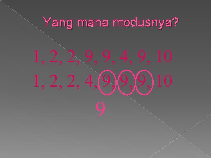Yang mana modusnya? 1, 2, 2, 9, 9, 4, 9, 10 1, 2, 2,