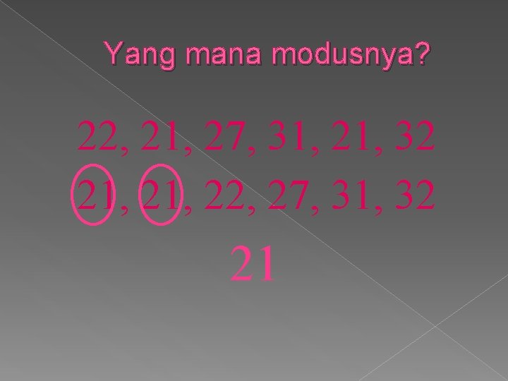 Yang mana modusnya? 22, 21, 27, 31, 21, 32 21, 22, 27, 31, 32