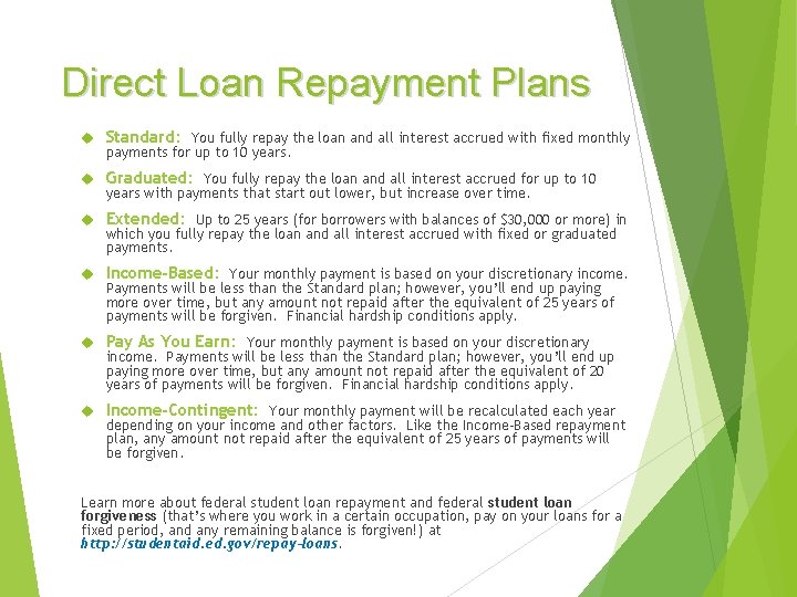 Direct Loan Repayment Plans Standard: You fully repay the loan and all interest accrued