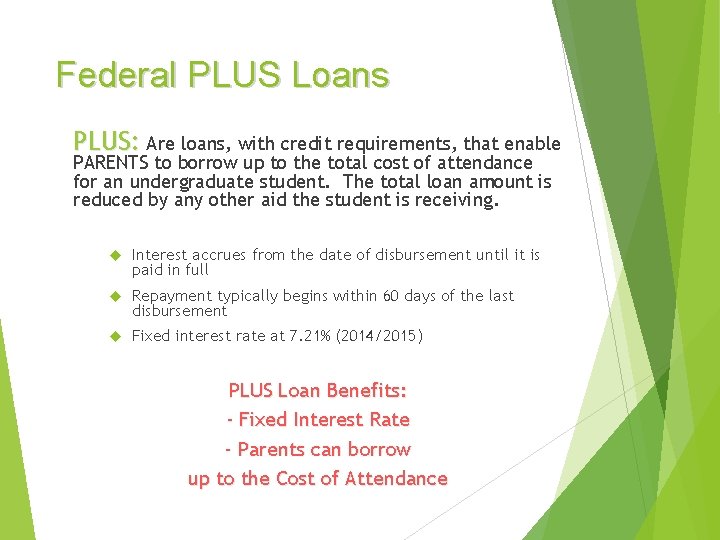 Federal PLUS Loans PLUS: Are loans, with credit requirements, that enable PARENTS to borrow
