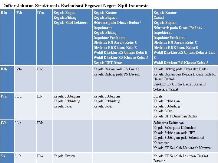 Daftar Jabatan Struktural / Eselonisasi Pegawai Negeri Sipil Indonesia IIIa IV/b IV/a Kepala Bagian