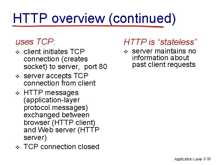 HTTP overview (continued) uses TCP: v v client initiates TCP connection (creates socket) to