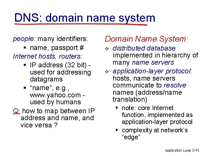 DNS: domain name system people: many identifiers: § name, passport # Internet hosts, routers: