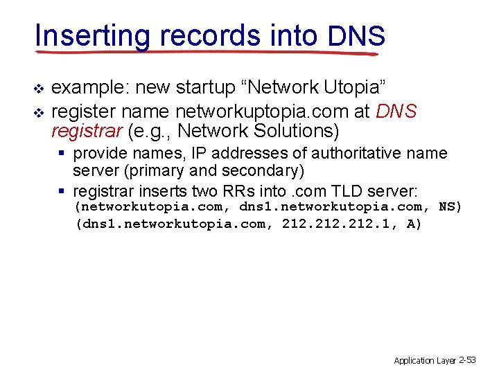 Inserting records into DNS v v example: new startup “Network Utopia” register name networkuptopia.