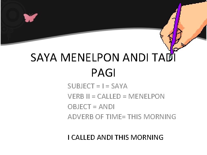 SAYA MENELPON ANDI TADI PAGI SUBJECT = I = SAYA VERB II = CALLED