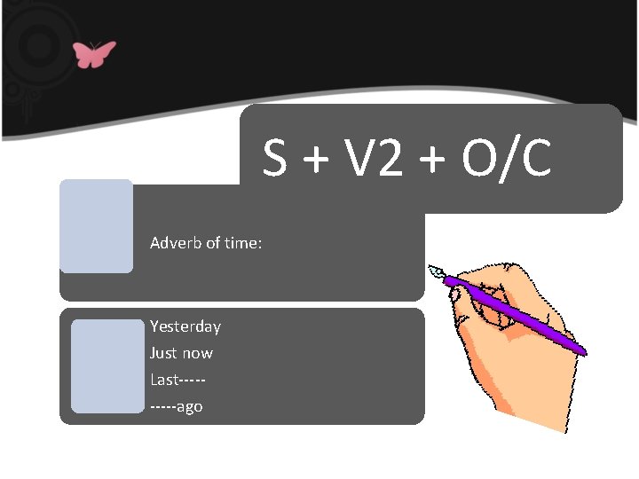 S + V 2 + O/C Adverb of time: Yesterday Just now Last-----ago 