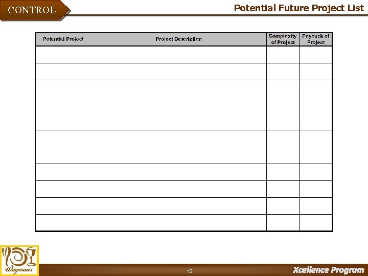 Potential Future Project List CONTROL 13 Xcellence Program 