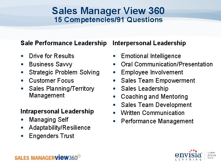 Sales Manager View 360 15 Competencies/91 Questions Sale Performance Leadership Interpersonal Leadership § §