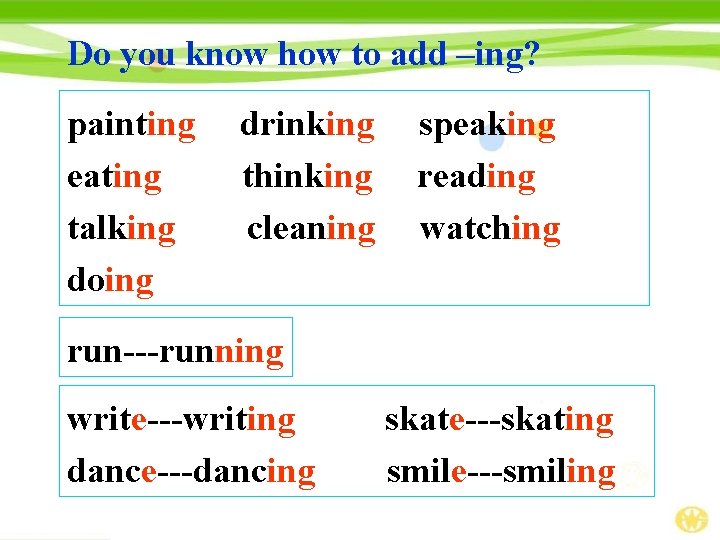 Do you know how to add –ing? painting eating talking doing drinking thinking cleaning