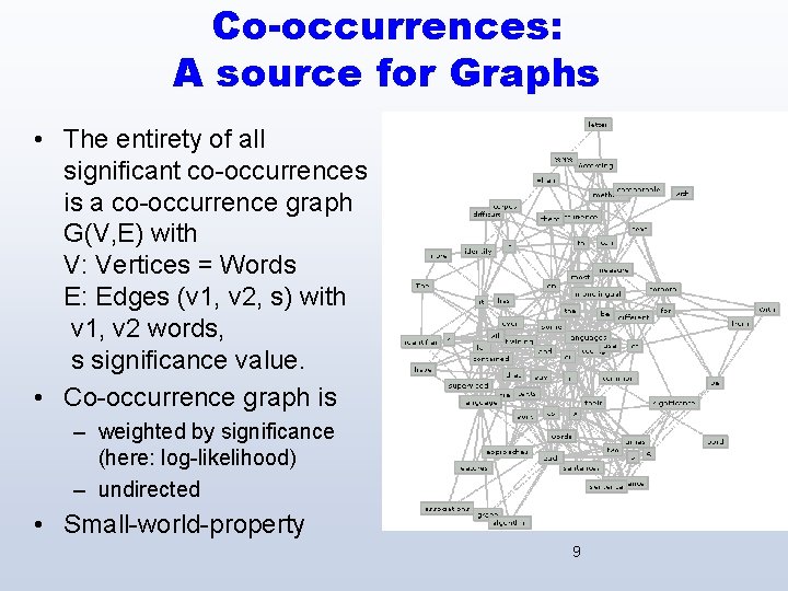 Co-occurrences: A source for Graphs • The entirety of all significant co-occurrences is a