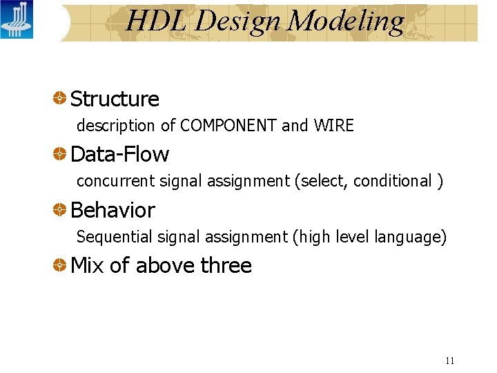 HDL Design Modeling Structure description of COMPONENT and WIRE Data-Flow concurrent signal assignment (select,