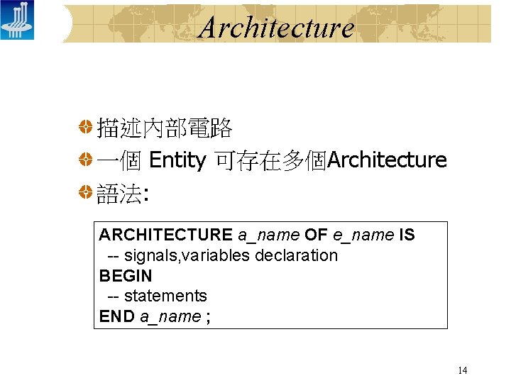 Architecture 描述內部電路 一個 Entity 可存在多個Architecture 語法: ARCHITECTURE a_name OF e_name IS -- signals, variables