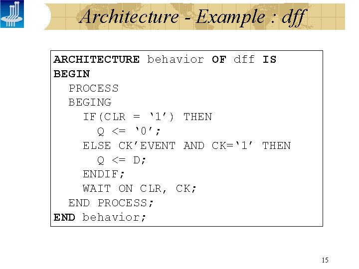 Architecture - Example : dff ARCHITECTURE behavior OF dff IS BEGIN PROCESS BEGING IF(CLR