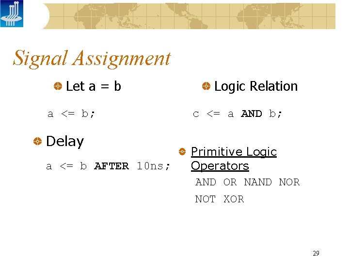 Signal Assignment Let a = b a <= b; Delay a <= b AFTER