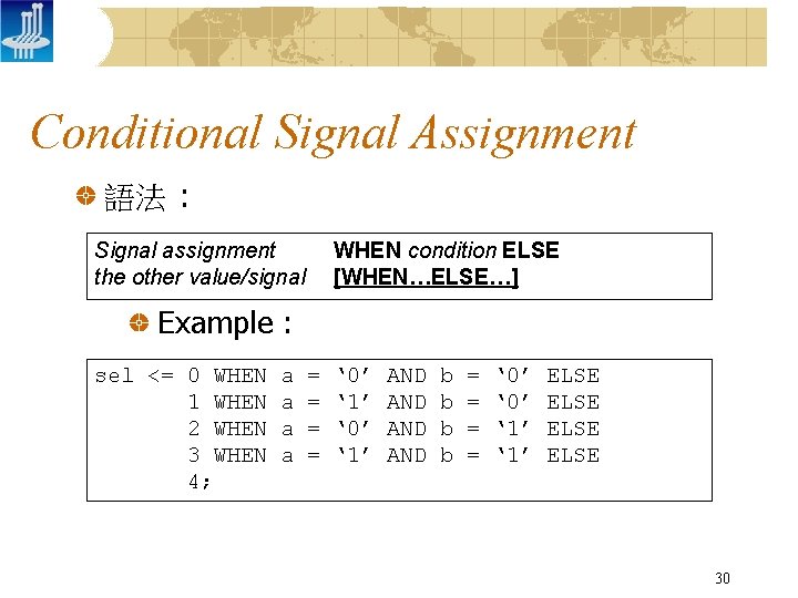 Conditional Signal Assignment 語法 : Signal assignment the other value/signal WHEN condition ELSE [WHEN…ELSE…]