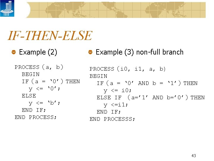 IF-THEN-ELSE Example (2) PROCESS（a, b） BEGIN IF（a = ‘ 0’）THEN y <= ‘ 0’;