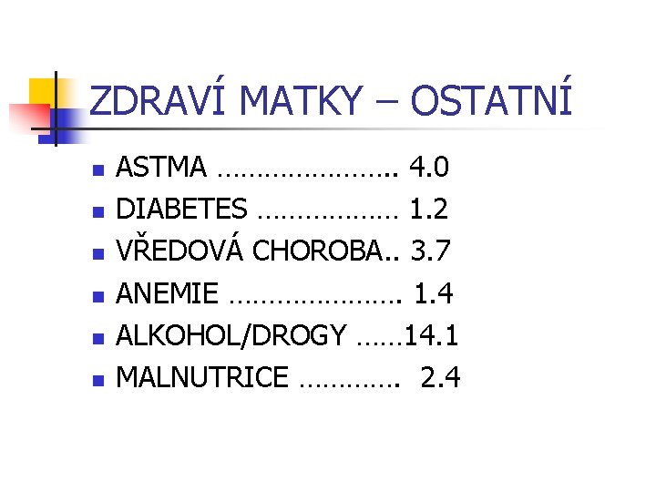 ZDRAVÍ MATKY – OSTATNÍ n n n ASTMA …………………. . 4. 0 DIABETES ………………