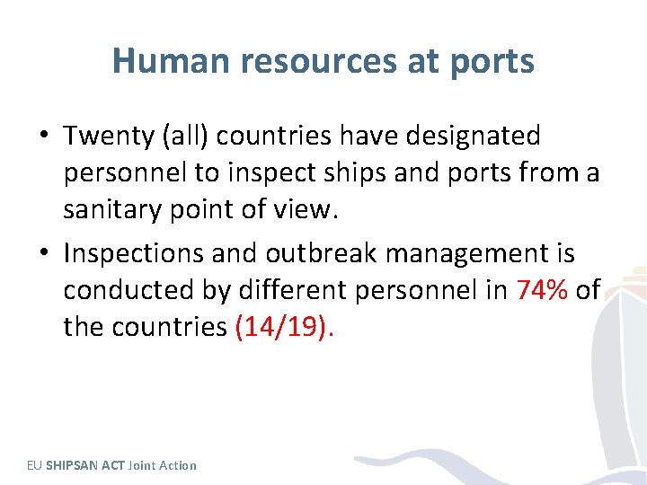 Human resources at ports • Twenty (all) countries have designated personnel to inspect ships