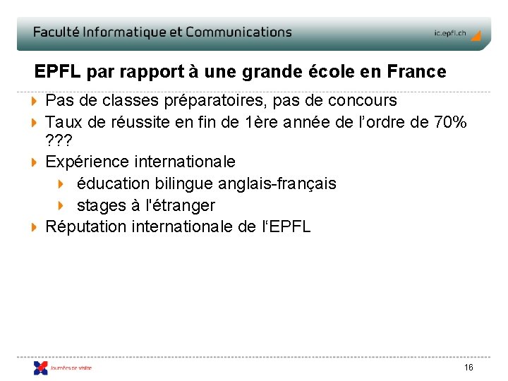 EPFL par rapport à une grande école en France Pas de classes préparatoires, pas