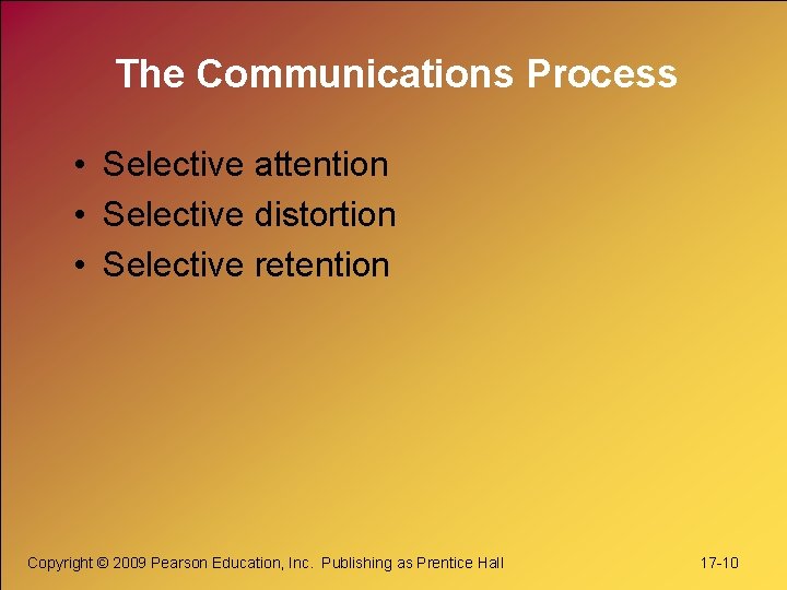 The Communications Process • Selective attention • Selective distortion • Selective retention Copyright ©