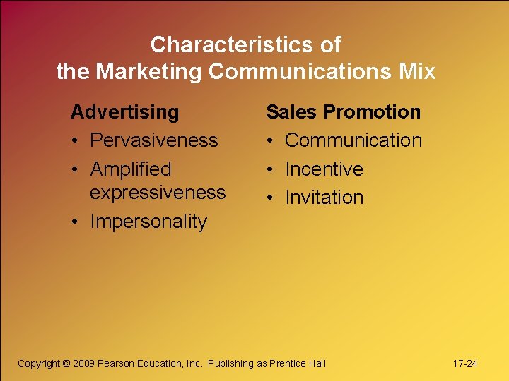 Characteristics of the Marketing Communications Mix Advertising • Pervasiveness • Amplified expressiveness • Impersonality