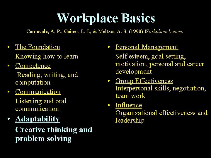 Workplace Basics Carnevale, A. P. , Gainer, L. J. , & Meltzer, A. S.