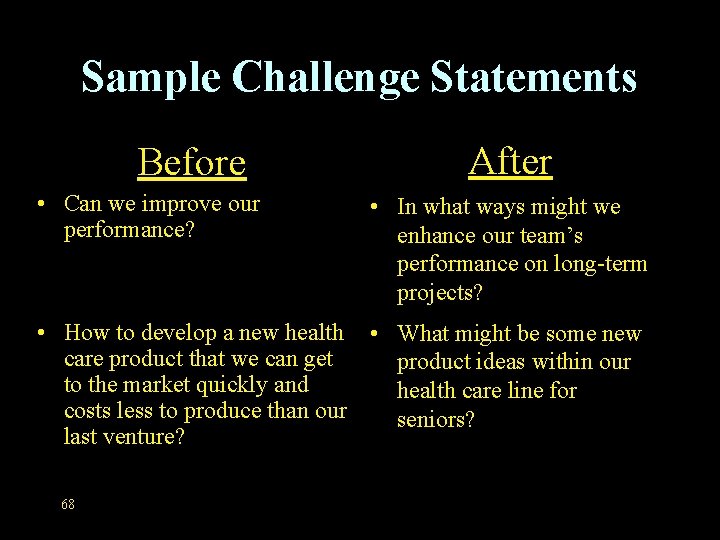 Sample Challenge Statements Before • Can we improve our performance? After • In what