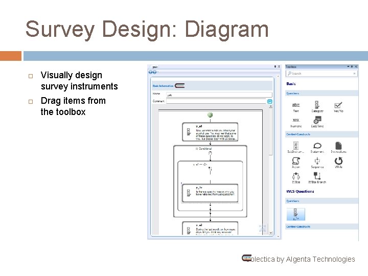 Survey Design: Diagram Visually design survey instruments Drag items from the toolbox Colectica by