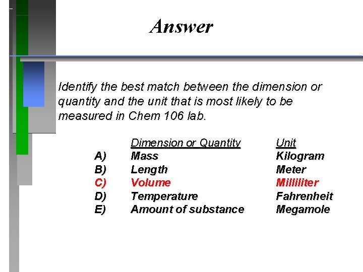 Answer Identify the best match between the dimension or quantity and the unit that