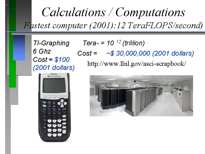 Calculations / Computations Fastest computer (2001): 12 Tera. FLOPS/second) TI-Graphing Tera- = ? Tera-