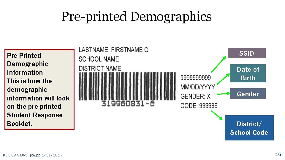 Pre-printed Demographics Pre-Printed Demographic Information This is how the demographic information will look on