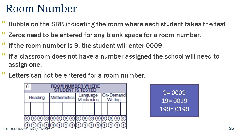 Room Number } Bubble on the SRB indicating the room where each student takes