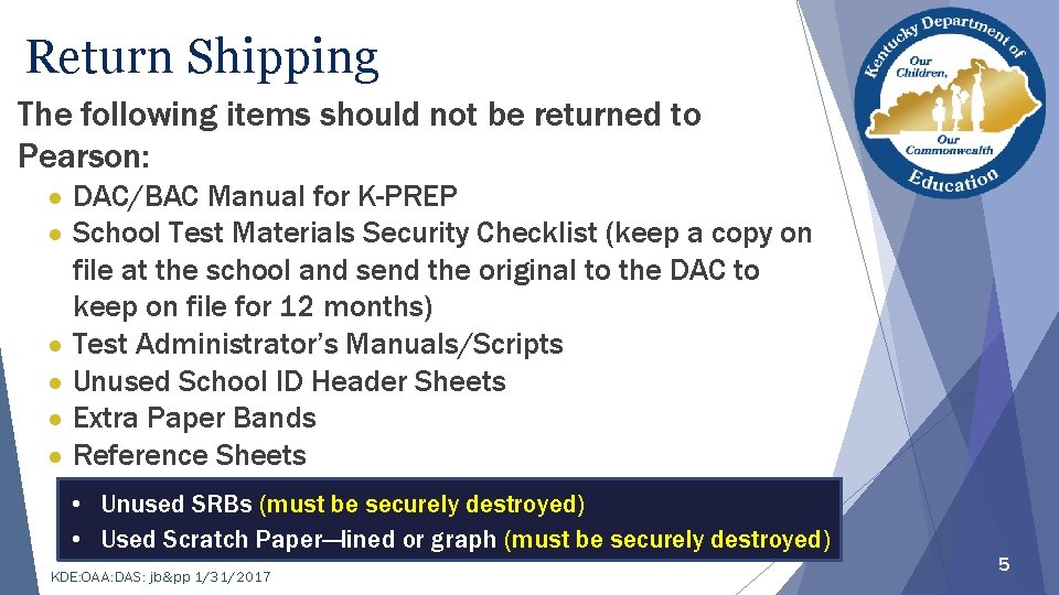 Return Shipping The following items should not be returned to Pearson: ● ● ●