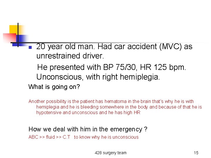 n 20 year old man. Had car accident (MVC) as unrestrained driver. He presented