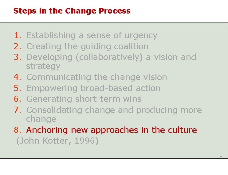 Steps in the Change Process 1. Establishing a sense of urgency 2. Creating the