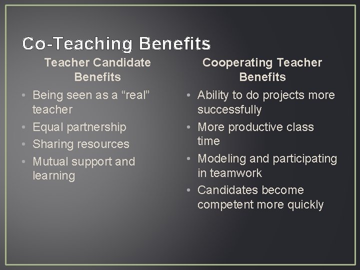 Co-Teaching Benefits Teacher Candidate Benefits • Being seen as a “real” teacher • Equal