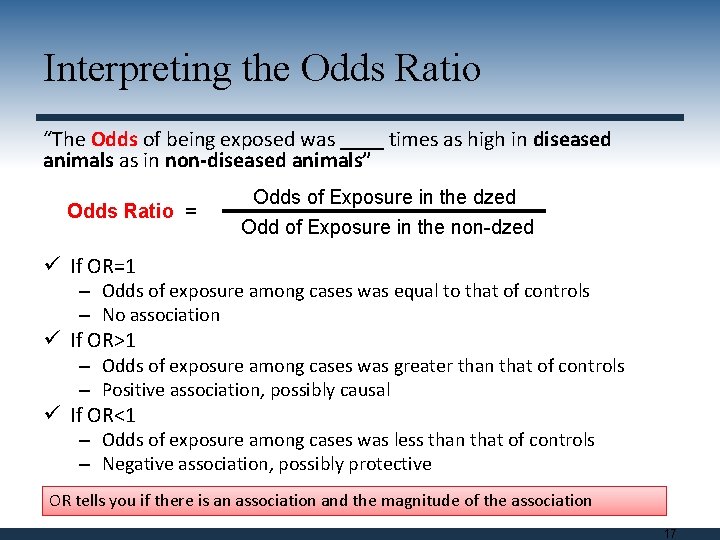 Interpreting the Odds Ratio “The Odds of being exposed was ____ times as high