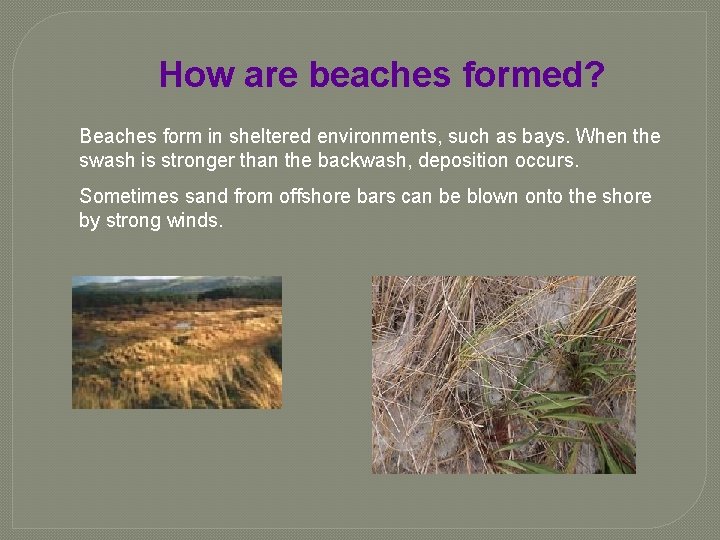 How are beaches formed? Beaches form in sheltered environments, such as bays. When the