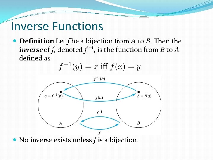 Inverse Functions Definition: Let f be a bijection from A to B. Then the