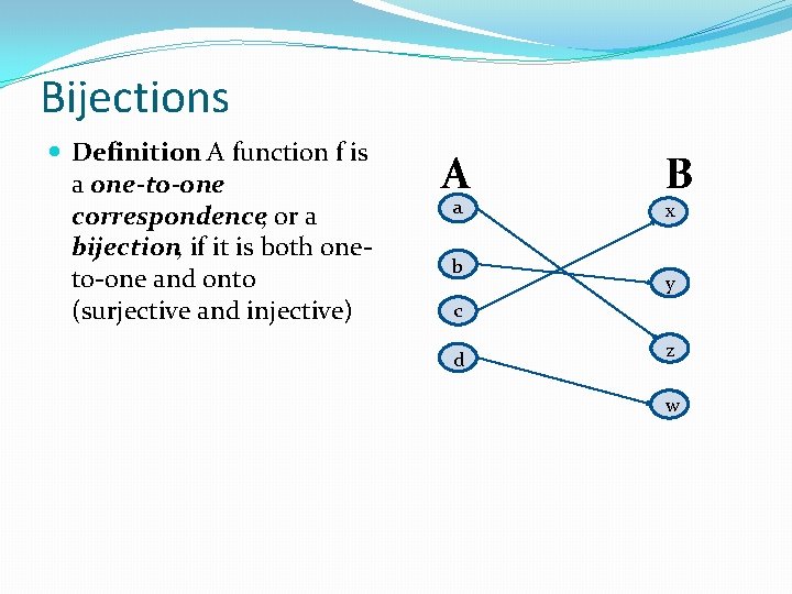 Bijections Definition: A function f is a one-to-one correspondence, or a bijection, if it