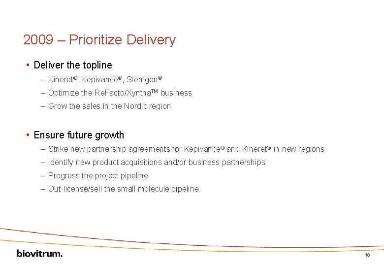 2009 – Prioritize Delivery • Deliver the topline – Kineret®, Kepivance®, Stemgen® – Optimize