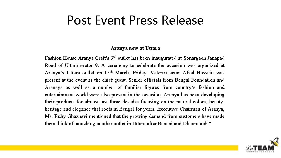 Post Event Press Release Aranya now at Uttara Fashion House Aranya Craft's 3 rd