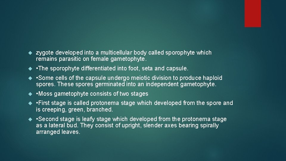  zygote developed into a multicellular body called sporophyte which remains parasitic on female