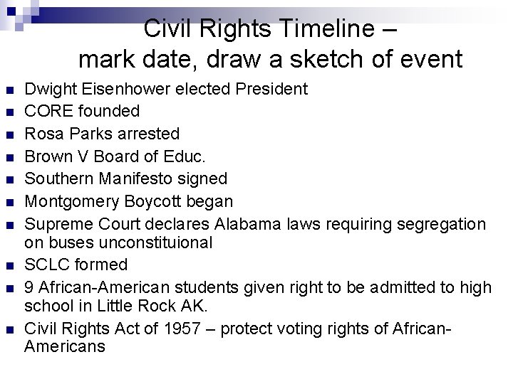 Civil Rights Timeline – mark date, draw a sketch of event n n n