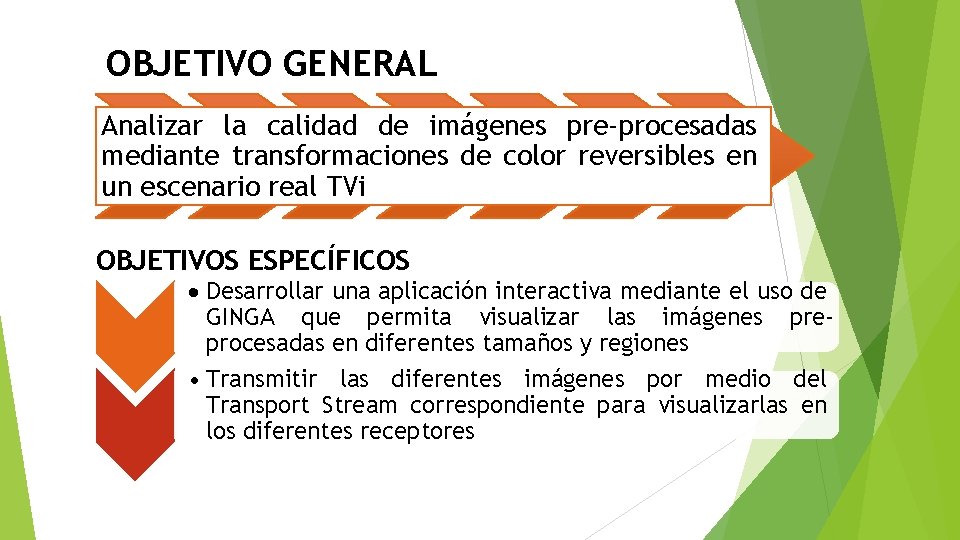 OBJETIVO GENERAL Analizar la calidad de imágenes pre-procesadas mediante transformaciones de color reversibles en