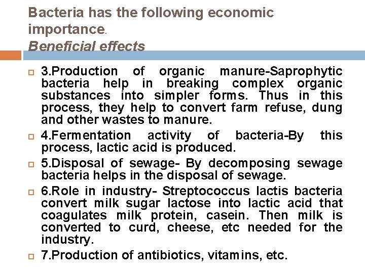 Bacteria has the following economic importance. Beneficial effects 3. Production of organic manure-Saprophytic bacteria