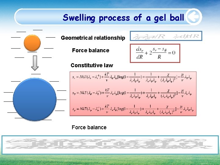 Swelling process of a gel ball Geometrical relationship Force balance Constitutive law Force balance