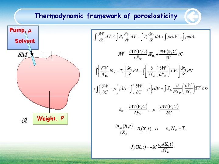 Thermodynamic framework of poroelasticity Pump, m Solvent Weight, P 