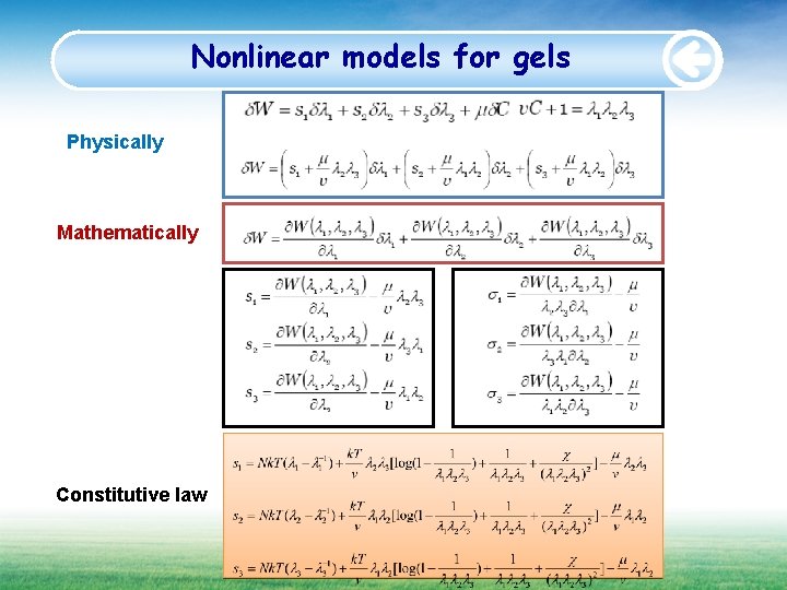 Nonlinear models for gels Physically Mathematically Constitutive law 