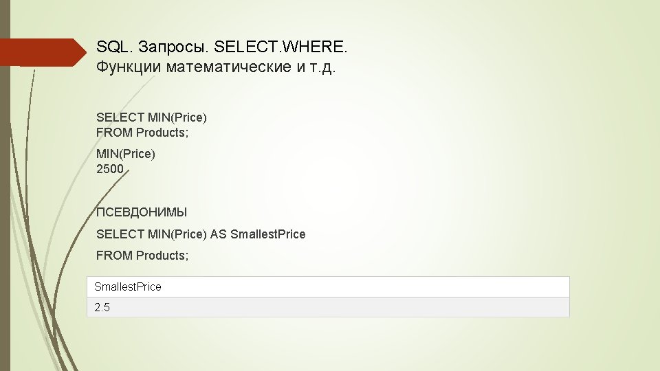 SQL. Запросы. SELECT. WHERE. Функции математические и т. д. SELECT MIN(Price) FROM Products; MIN(Price)